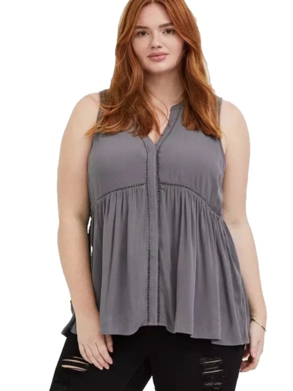 TORRID GRAY Babydoll Crinkle Tunic Tank Top WOMEN'S PLUS SIZE 2 BUTTON FRONT....